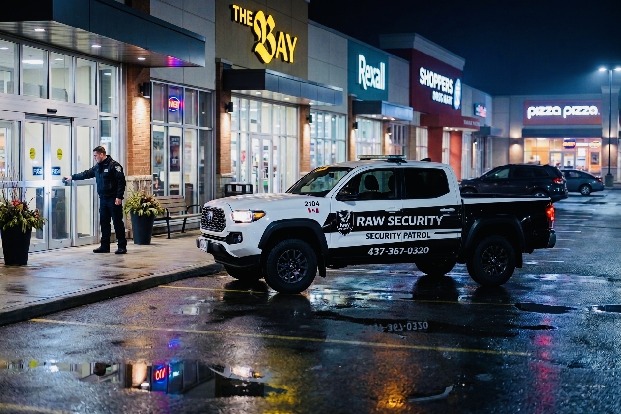 Raw Security pickup truck on patrol at a lit commercial plaza at night