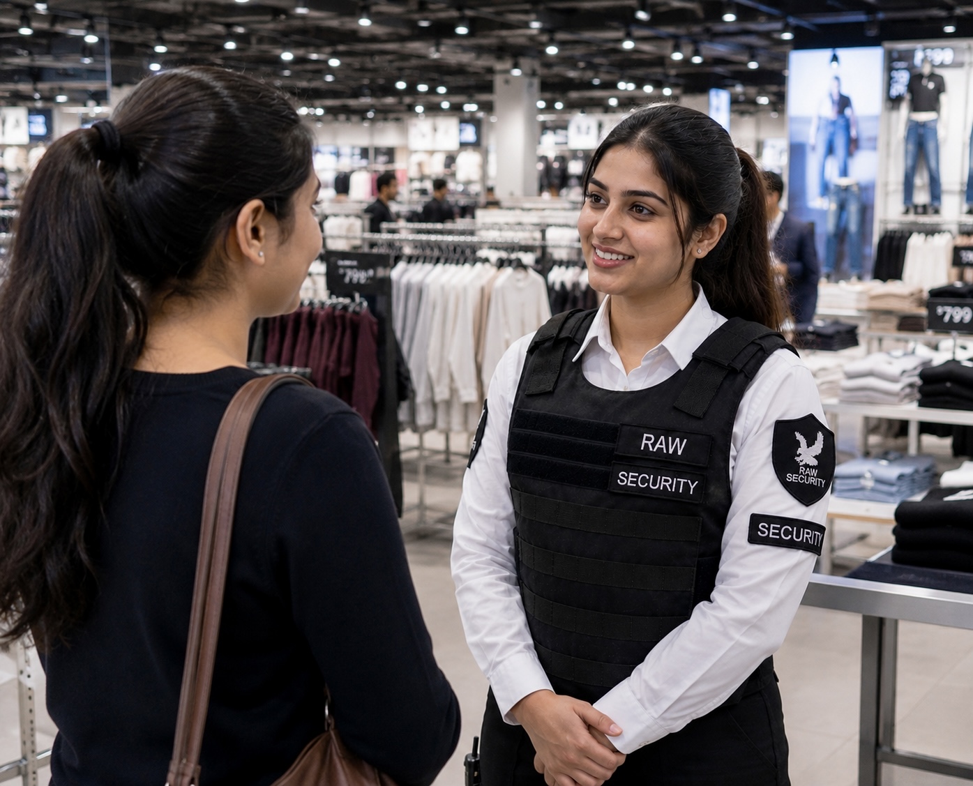 Raw Security guard speaking with a customer inside a retail store