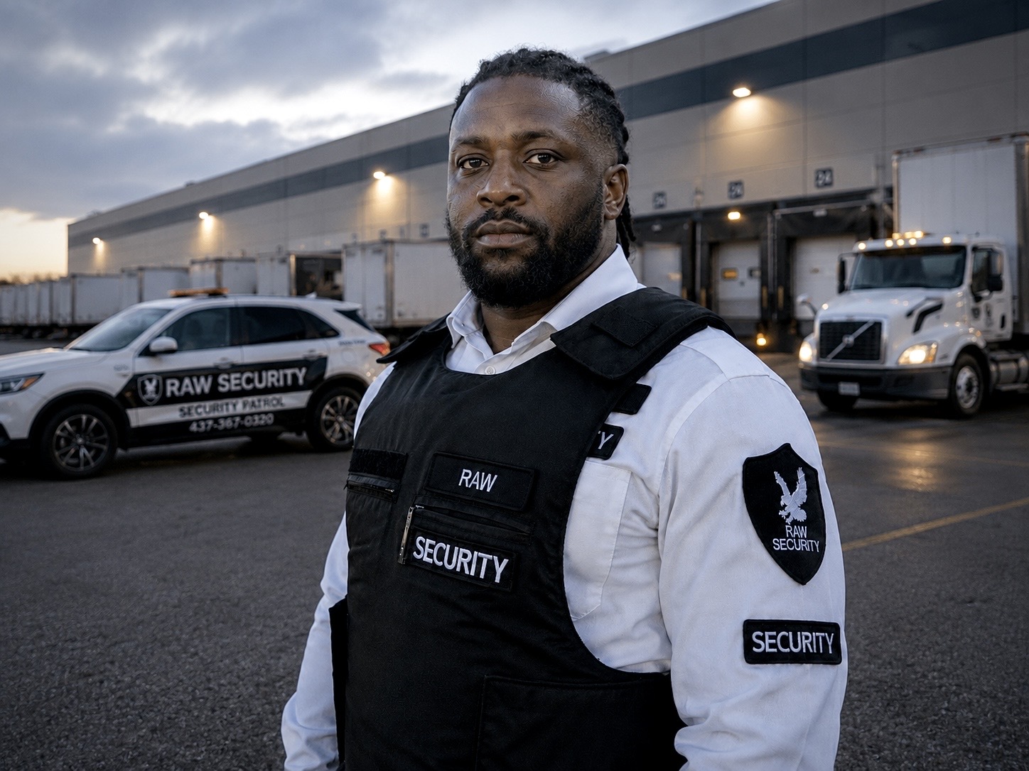 Raw Security guard outside a warehouse loading dock at dusk with trucks and a marked patrol vehicle