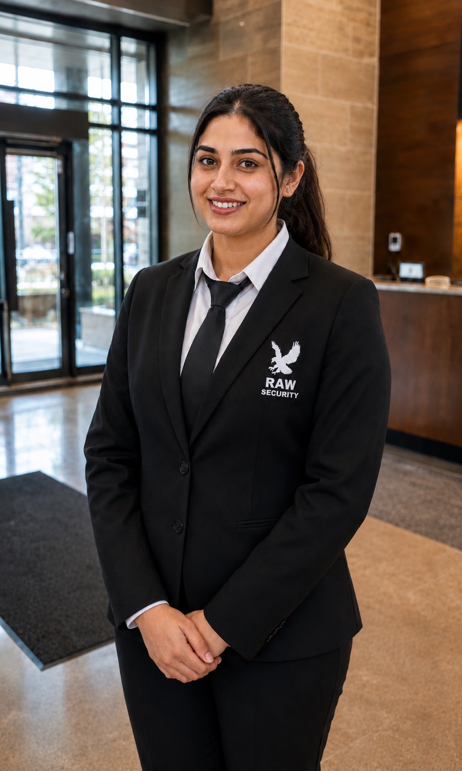 Raw Security concierge guard in a suit standing inside a lobby