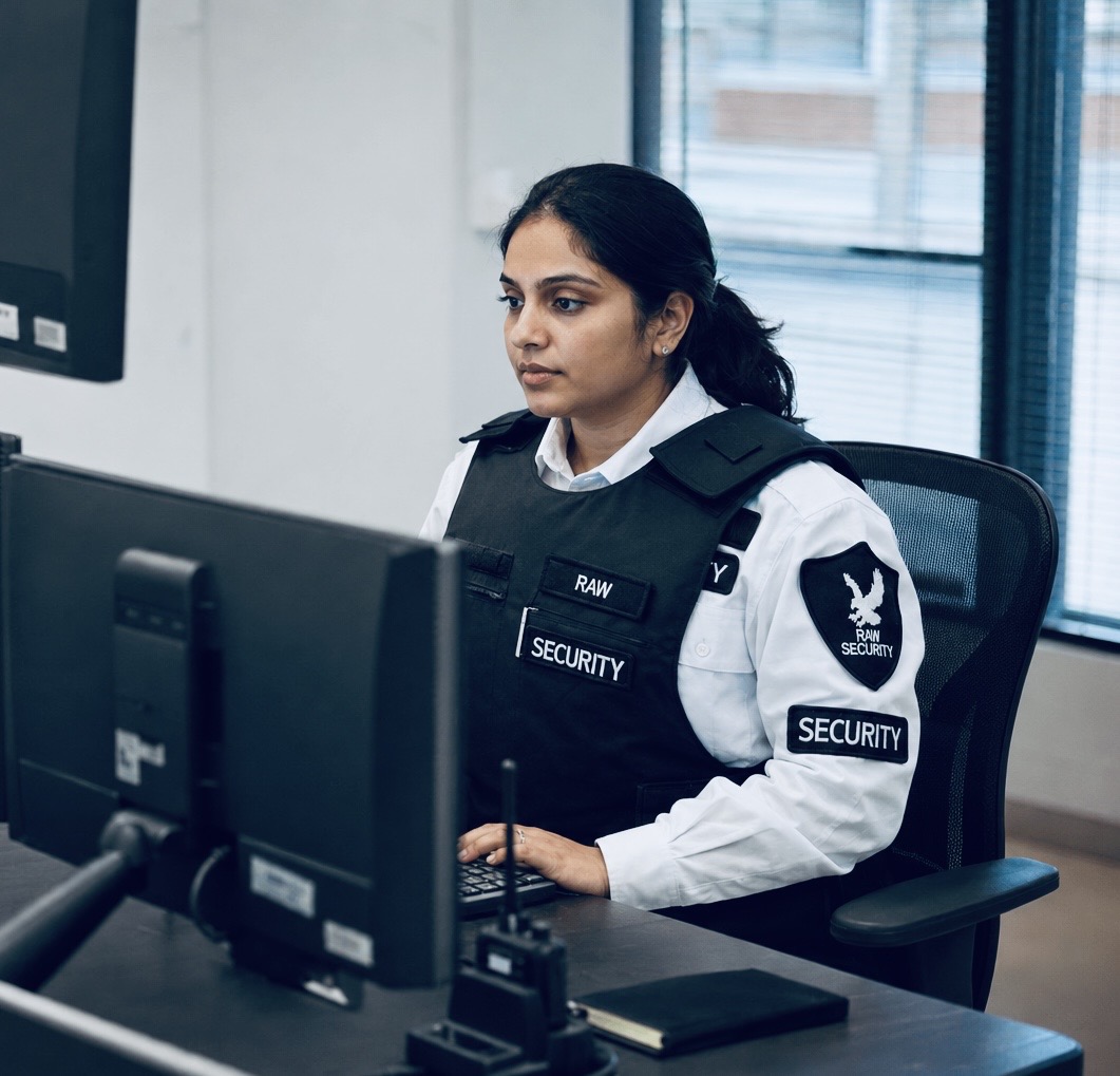 Raw Security guard reviewing activity on a computer inside an operations office