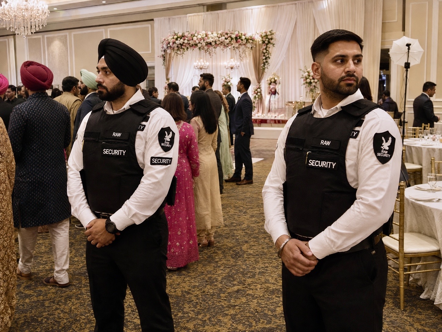 Raw Security guards standing watch at an indoor banquet event