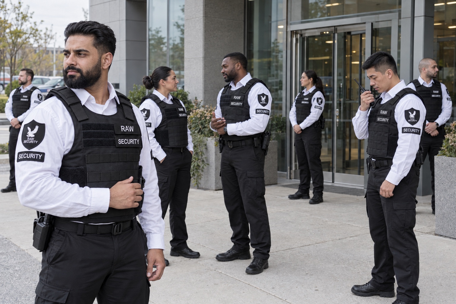 Multiple Raw Security guards outside a commercial building entrance